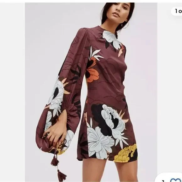 Free People Brown Floral Boho Balloon Sleeve Mini, size S - Picture 11 of 11